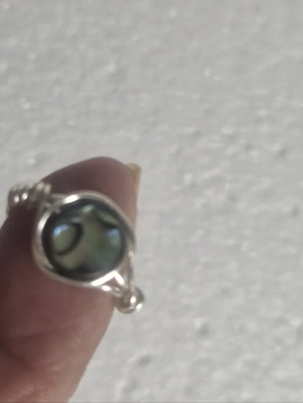 Handcrafted Silver Wire-Wrap Abalone Shell Ring - Iridescent Black-Green